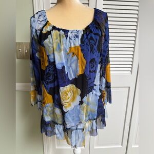 INC International Concepts Blue Floral Ruffled Blouse Size Large